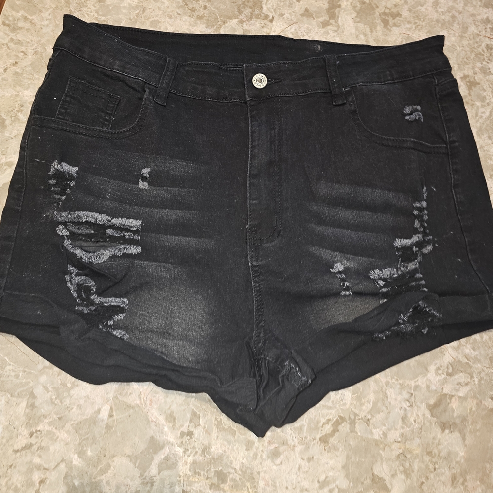 SHEIN Black Distressed Jean Shorts High-Waisted